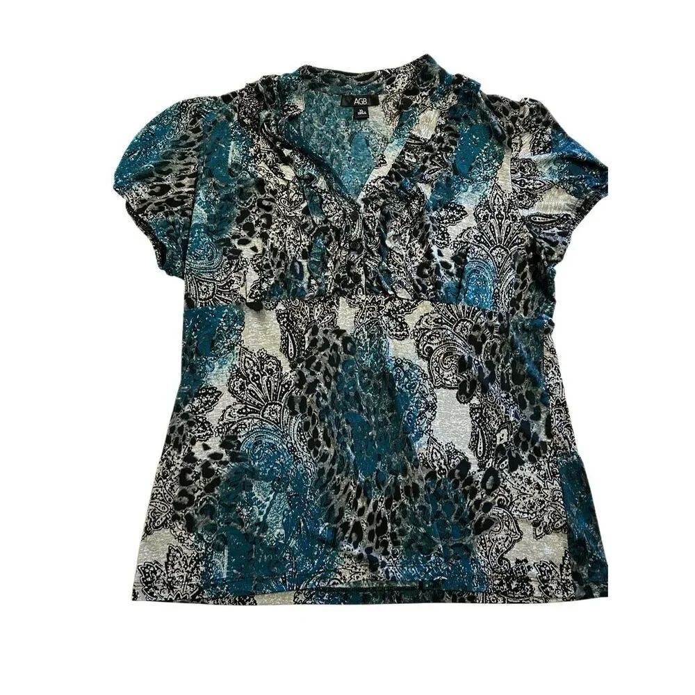 AGB Women's XL Blue Paisley Leopard Print Ruffle V-Neck Short Sleeve Blouse